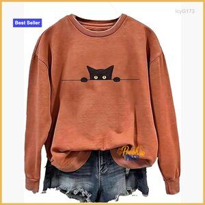 Women's Long Sleeve Cotton Blend Sweatshirt Funny Cat Print Animal Lover